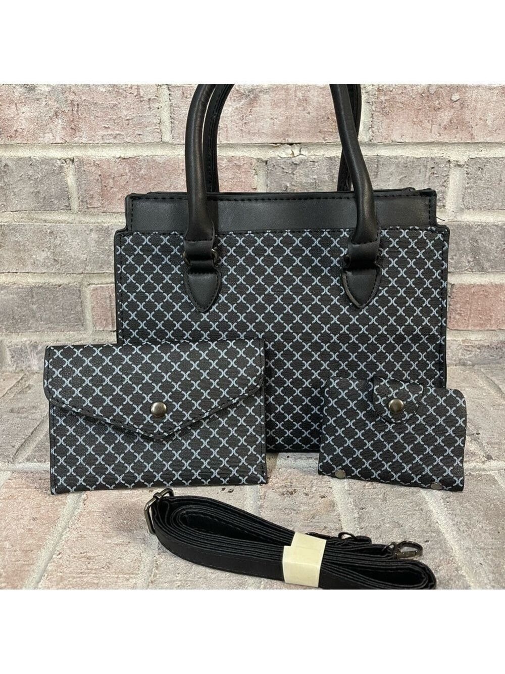 Elegant Black/Blue Patterned Handbag Set